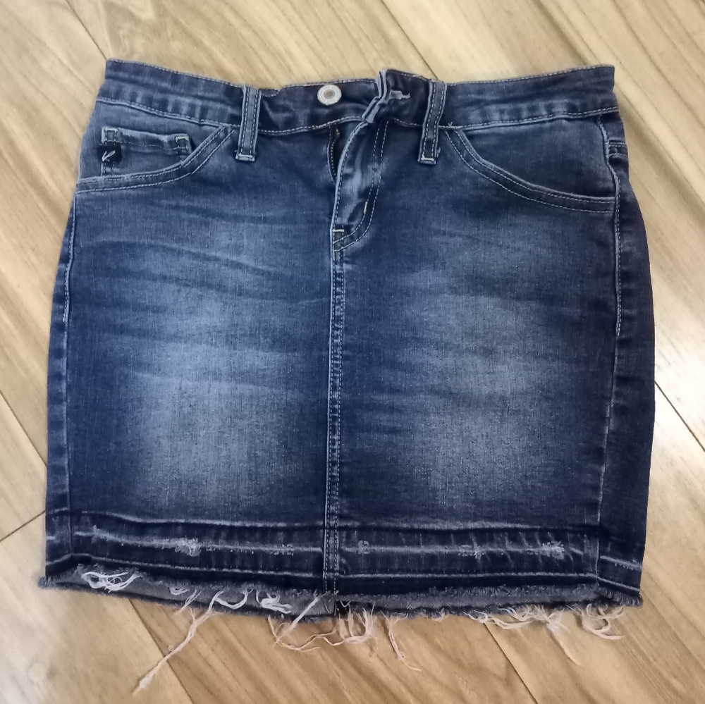 Kancan Blue Denim Mini Skirt with Raw Hem.